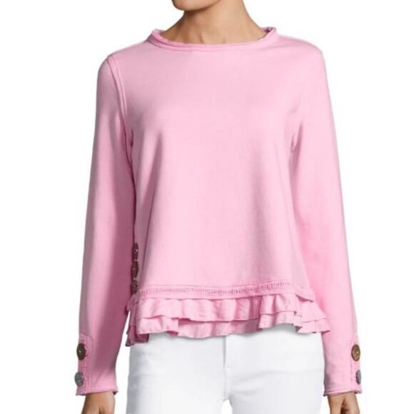 Neon Buddha Cape Side Top XS Petite Womens Sweatshirt Ruffle Pink Button Accent - Picture 2 of 11